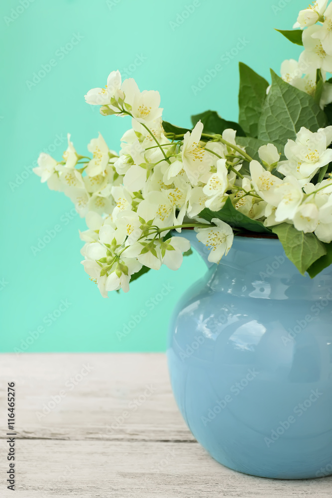 Fresh jasmine flowers in a vase on color background