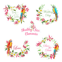 Sticker - Tropical Flowers and Parrot Birds Banners and Tags - for your design