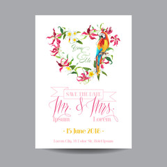 Poster - Save the Date. Wedding Card.  Tropical Flowers and Parrot Bird.