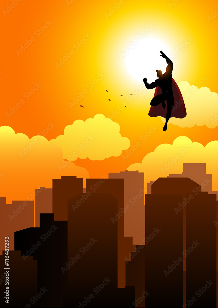 Cartoon silhouette of a superhero flying on cityscape Stock Vector ...
