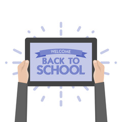 Hand holding sign back to school vector illustration. Tablet.