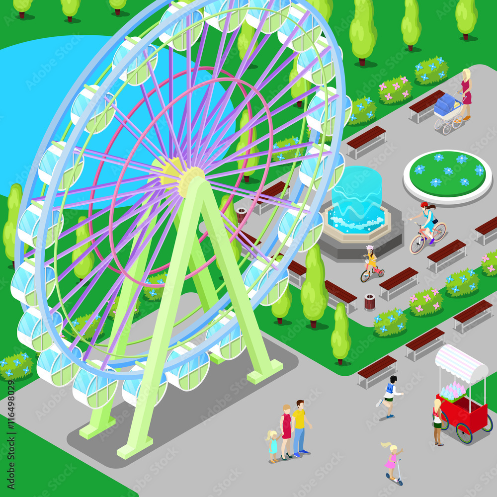 Isometric Amusement Park with Ferris Wheel and Children. Vector ...