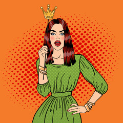 Wall Mural - Young Pretty Woman Posing with Photo Booth Crown. Pop Art. Vector illustration