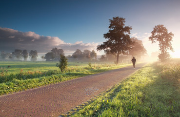 Wall Mural - runner in countryside during misty sunrise