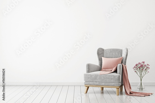 Fotografie, Obraz Neutral interior with velvet armchair on empty white wall background