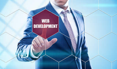 Wall Mural - businessman pressing button on virtual screens