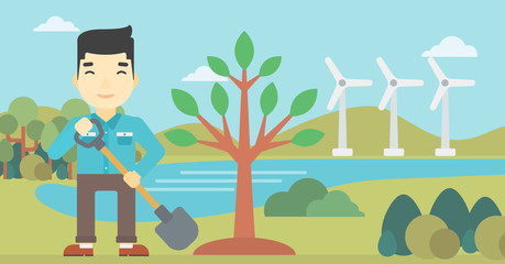 Wall Mural - Man plants tree vector illustration.