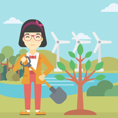 Wall Mural - Woman plants tree vector illustration.