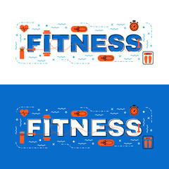 Wall Mural - Fitness  lettering flat line design with icons