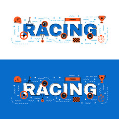 Wall Mural - Racing banner, racing lettering flat line design with icons