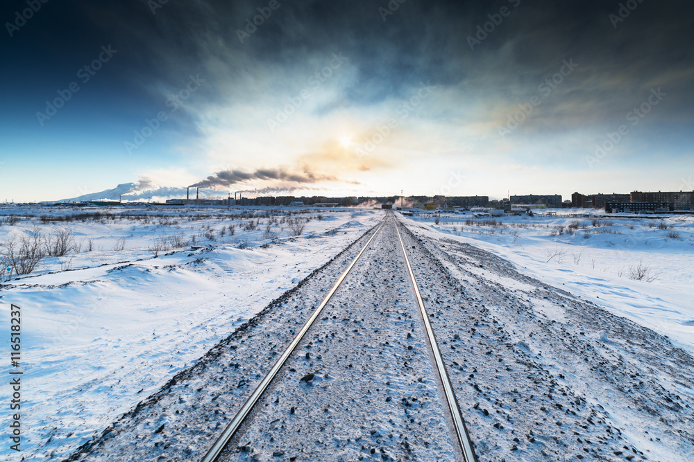 Winter railroad built on permafrost. - obrazy, fototapety, plakaty 