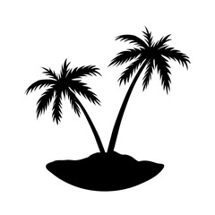 Two palms on island. Black coconut tree silhouette, isolated on white background. Symbol of tropical nature, beach, summer holiday, travel. Floral exotic landscape. Natural design. Vector illustration