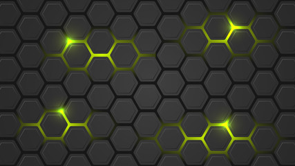 Wall Mural - Dark vector illustration with a hexagonal pattern and green backlight.