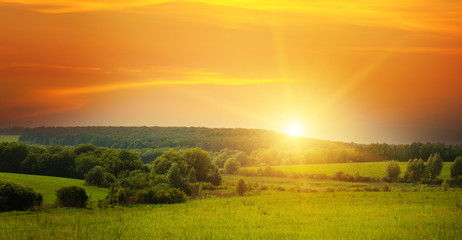 field, sunrise and blue sky