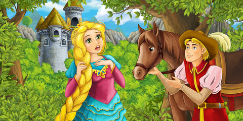 Wall Mural - Cartoon fairy tale scene with castle tower - princess in the forest - beautiful manga girl - castle tower in the background - title page - illustration for children