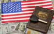 USA flag on the background of dollar banknotes, drivers licence