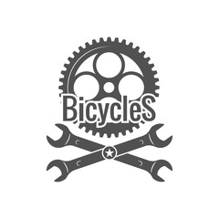 Vintage bike repair logo badges and labels. Cycle wheel isolated vector. Old style bicycle shop and repair logotypes