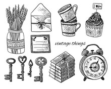 Set Of Vintage Things On White Background. Vintage Keys, Lavender, Envelope, Letter, Cupcakes, Cups, Books, Alarm Clock. Black And White Illustration