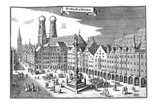 XVII Century, Copper Engraving "The Marketplace In Munich", By Matthaeus Merian With Holy Mary Column Erected In 1638