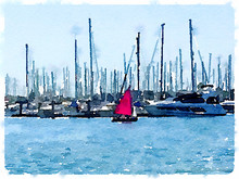 Digital Watercolour Painting Of A Dinghy With Red Sail Sailing At The Entrance To A Marina