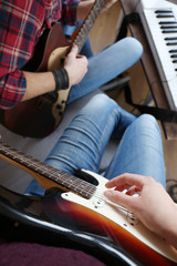 Canvas Print - Man with guitar and synthesizer closeup