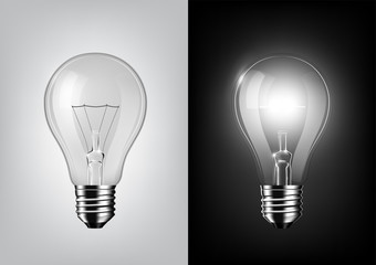 Wall Mural - turned off light bulb and glowing light bulb on black and white background , Transparent vector