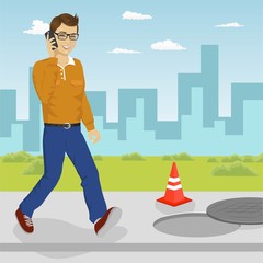 Man walking into open manhole looking at his smartphone. Smartphone addiction