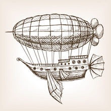 Steampunk Mechanical Flying Airship Sketch Vector
