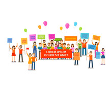 Holiday Or Demonstration, Rally. Crowd Of People With Placards. Vector Illustration