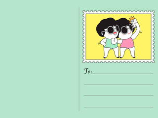 I Miss You My Best Friend Selfies Stamp Postcard Character illus