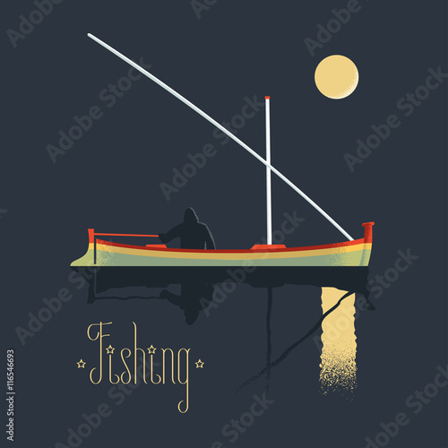 Fotografie, Obraz Fisherman fishing at night vector illustration