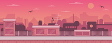Seamless Layered Parallax Ready Runner Shooter Game Cityline Background Scene. Urban Environment, Roofs, Buildings And Other Elements.