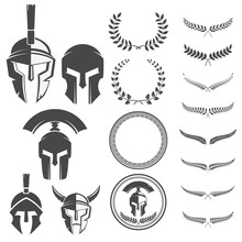 Set Of The Spartan Warriors Helmets And Design Elements For Embl