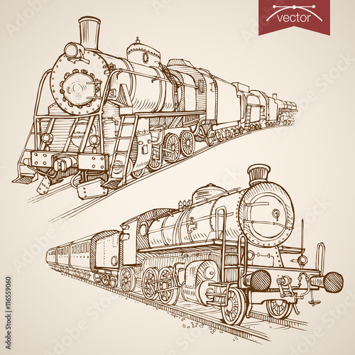 Cuadros en Lienzo Engraving vintage hand drawn vector train transport Sketch