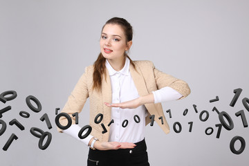 woman working with binary code, concept of digital technology.