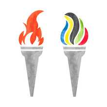 Two Watercolor Olympic Torches With Flames Isolated On White. Olympic Fire. Vector Illustration. 