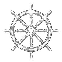Ship Wheel Isolated On White Background. Vector Vintage Engraving Illustration With Title MARINE.