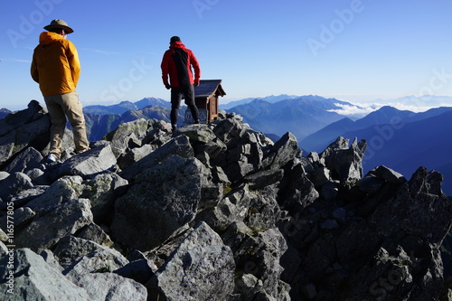 Fotografia  槍ヶ岳　硫黄乗越　山脈　山々　山頂　眺望　北アルプス　登山　空　絶景　ハイカー