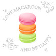 vector illustration of three realistic isolated sweet macaroon - with hand drawn curly leaves and branches
