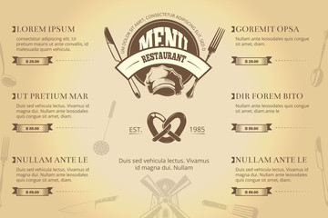 Wall Mural - Restaurant or cafe menu brochure vector template. Vintage creative design for restaurant menu with chef hat, fork and knife