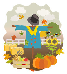 cartoon scarecrow, pumpkins, sunflowers, drawer with cucumber