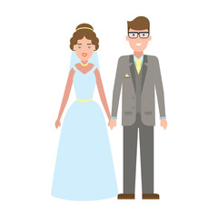 Wall Mural - Isolated young beautiful newweddies couple on white background. Happy smiling couple.