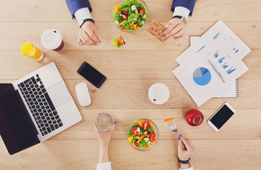 Wall Mural - Healthy business lunch of couple together, top view at table.