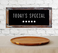 Today's Special On Vintage Chalk Board And Empty Wooden Plate 