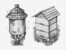 Wooden Hives. Hand Drawn Sketch Beekeeping, Honey, Bees. Vector Illustration