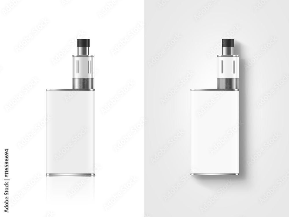 Blank white vape mod box mockup isolated, clipping path, stand and lies,  top view. Clear smoking vapor mock up template. Modbox vaporizer device  presentation. E-cigarette vaping gear design display. Stock Illustration |