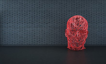 3D Render Red Sculpture And The Black Brick Room