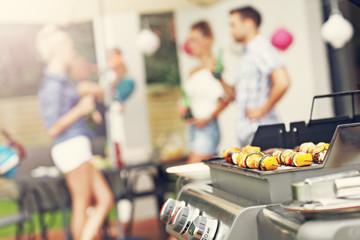 Wall Mural - Grilled shashliks and hamburgers on grate