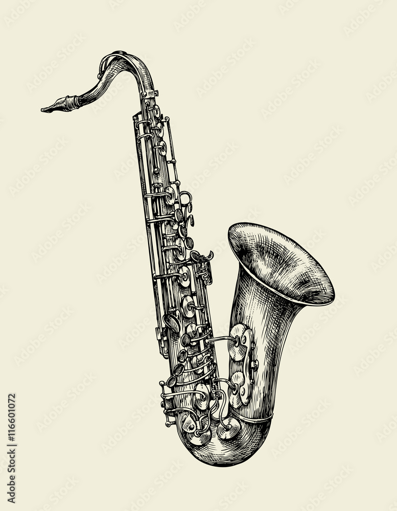 Jazz music. Hand drawn sketch saxophone, musical instrument. Vector illustration - obrazy, fototapety, plakaty 