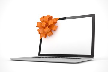 Wall Mural - Tied laptop with red bow on white background. Modern present or gift for birthday, holiday, christmas. 3D rendering.